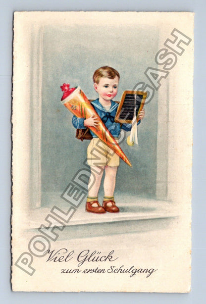 Pohlednice Německo Chlapec s kornoutem a tabulkou 1939 (M42249)