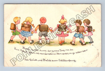 Pohlednice Školáci s brašnami školní motiv Německo 1918 (M42257)