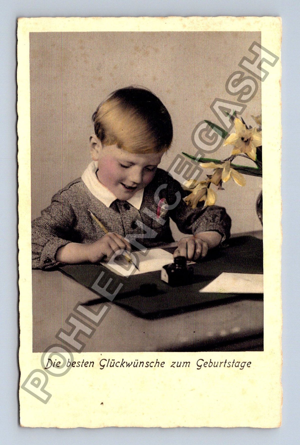 Pohlednice Švýcarsko chlapec píše přání k narozeninám 1937 (M42276)