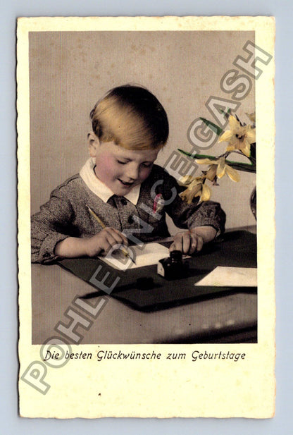 Pohlednice Švýcarsko chlapec píše přání k narozeninám 1937 (M42276)