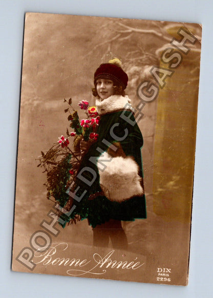 Pohlednice Francie Dívka s květinami Bonne Année (M42279)