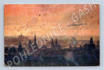Pohlednice Praha panorama věží při západu slunce (M4229)