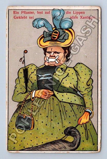 Pohlednice Německo Karikatura Xanhtippe cenzura úst (M42304)