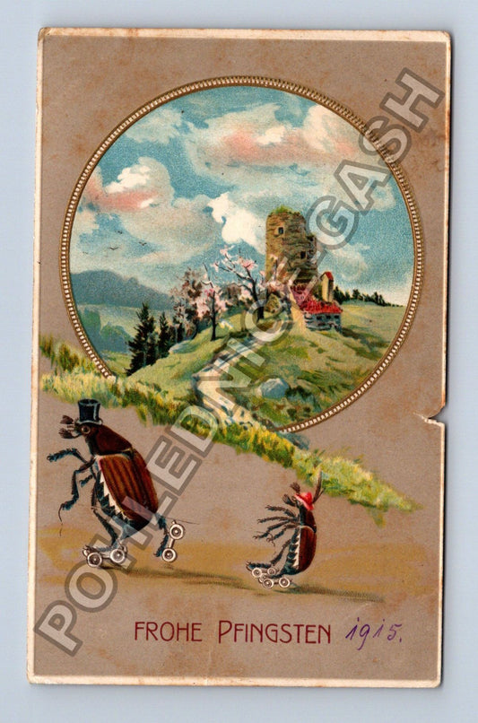 Pohlednice Německo Frohe Pfingsten brouci hrad 1915 (M42313)