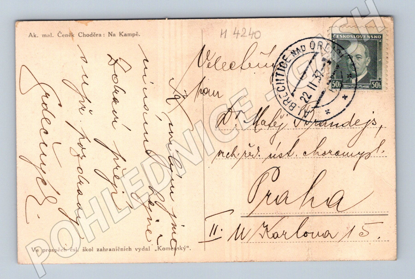 Pohlednice Praha Na Kampě Choděra 1937 historický (M4240)