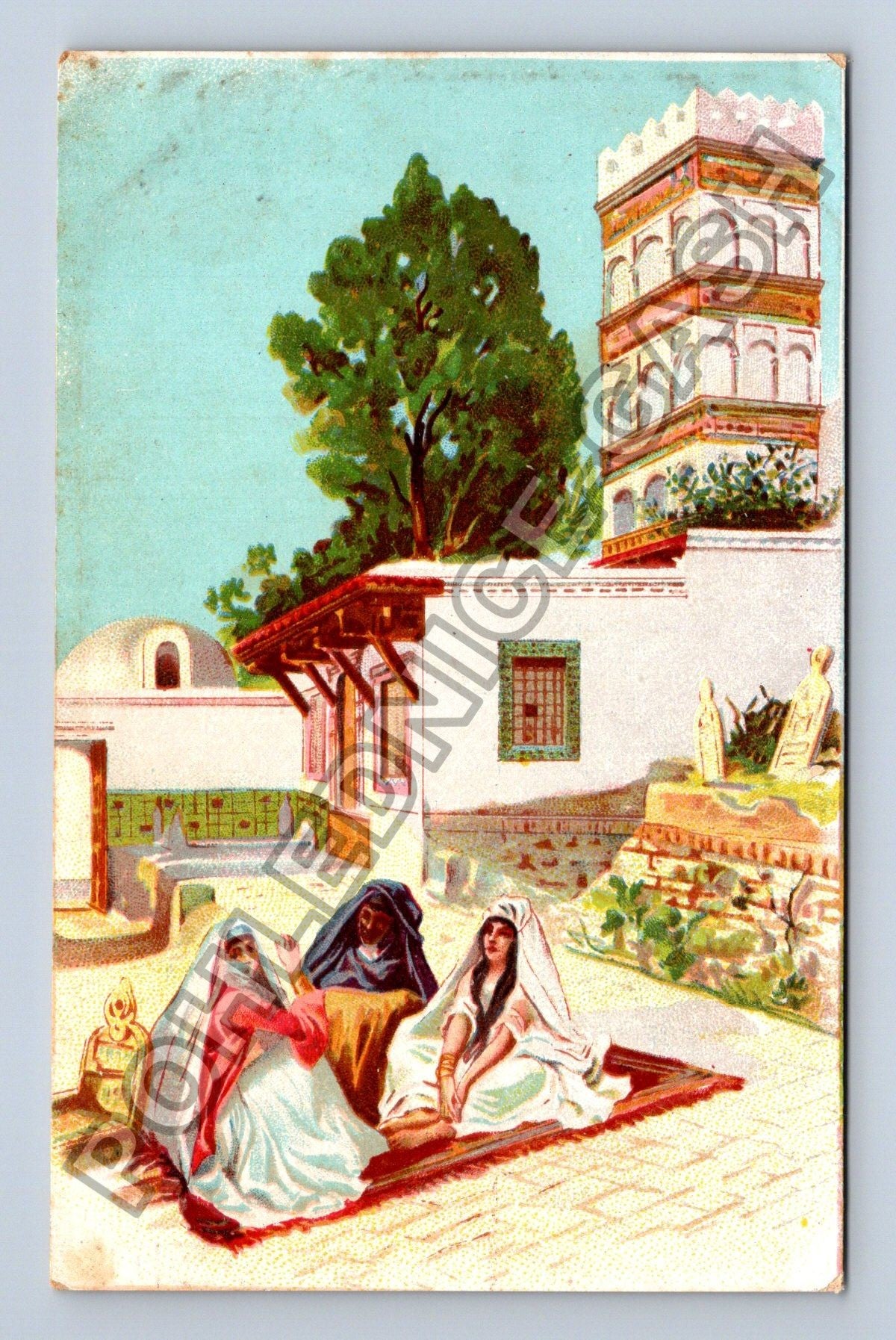 Pohlednice Orientální motiv ženy u budovy (M42523)