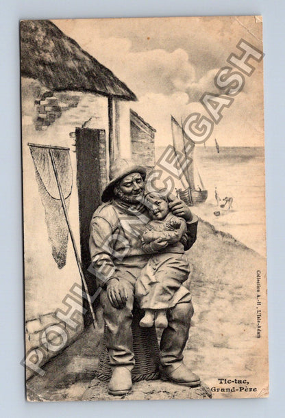Pohlednice Rybář s dítětem na pláži Francie (M42538)