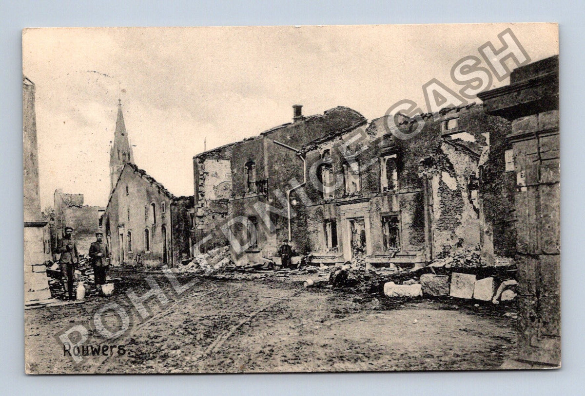 Pohlednice Belgie Rouwers zničené domy kostel 1915 (M42557)