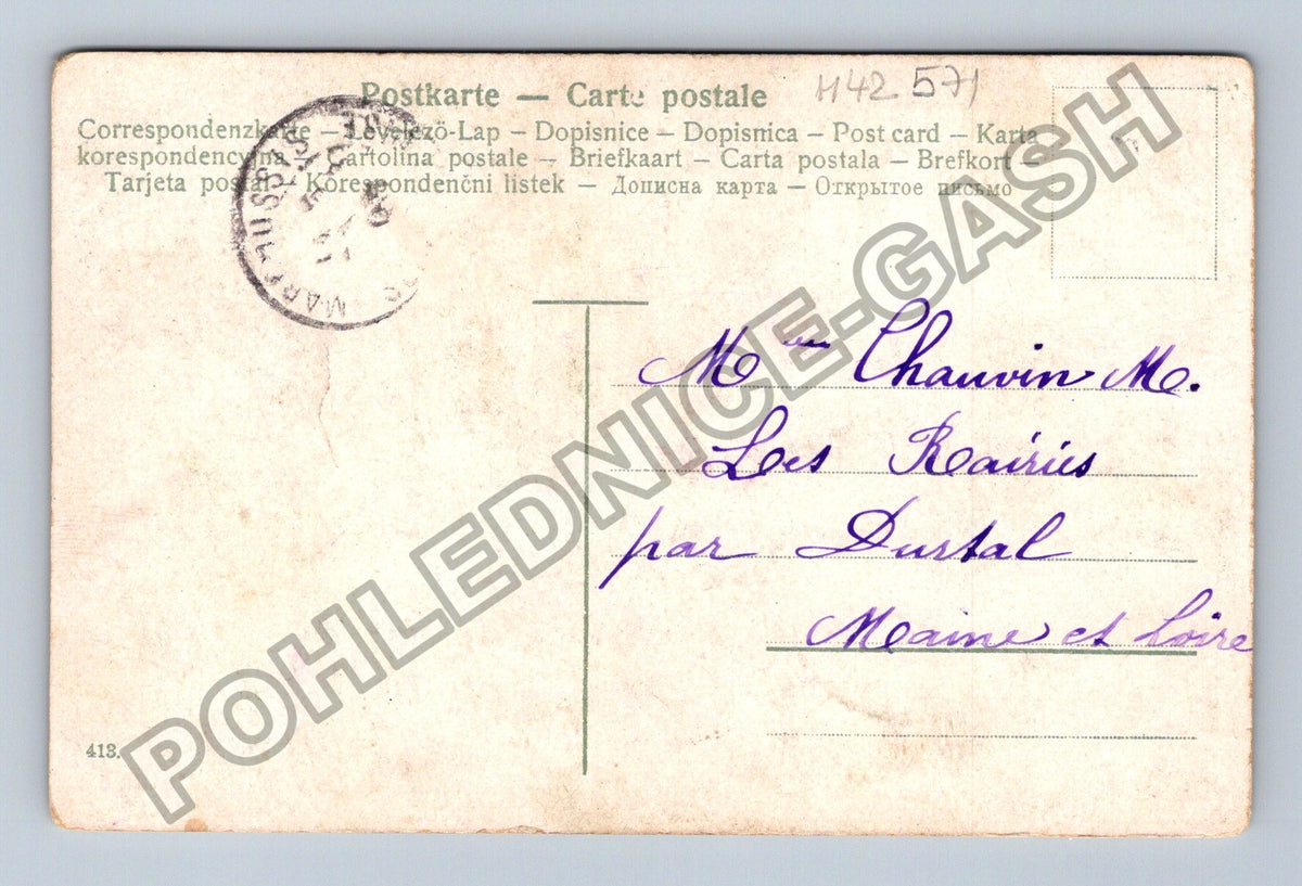Pohlednice Francie žena v klobouku s razítkem (M42571)