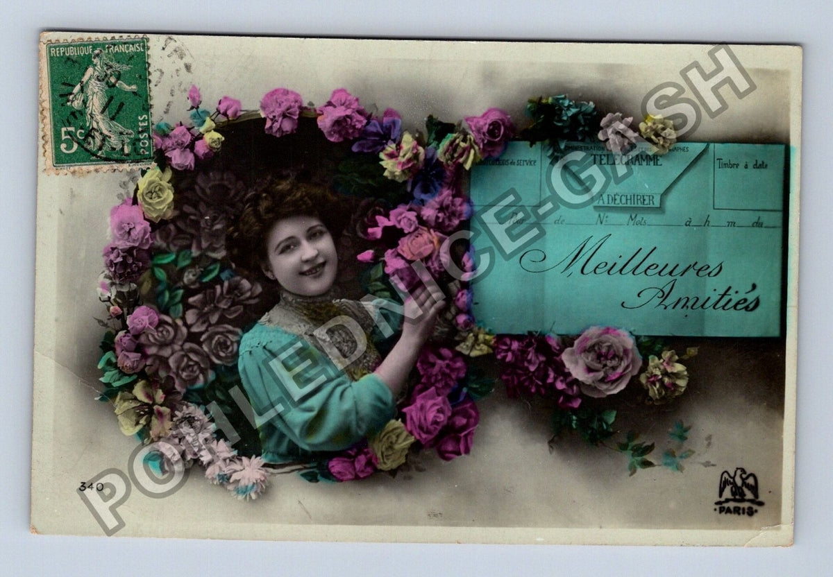 Pohlednice Francie žena s květinami telegram 1918 (M42575)
