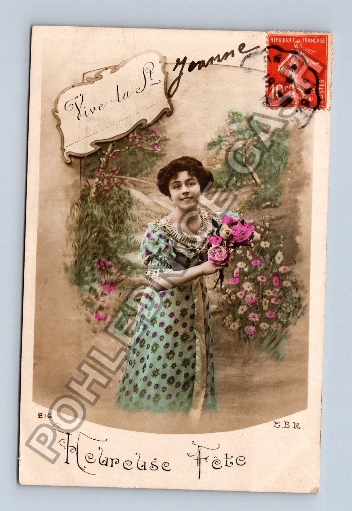 Pohlednice Francie žena s květinami Vive la St Jeanne (M42579)