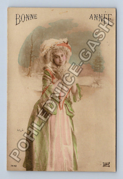 Pohlednice Francie Novoroční přání žena v klobouku 1911 (M42581)