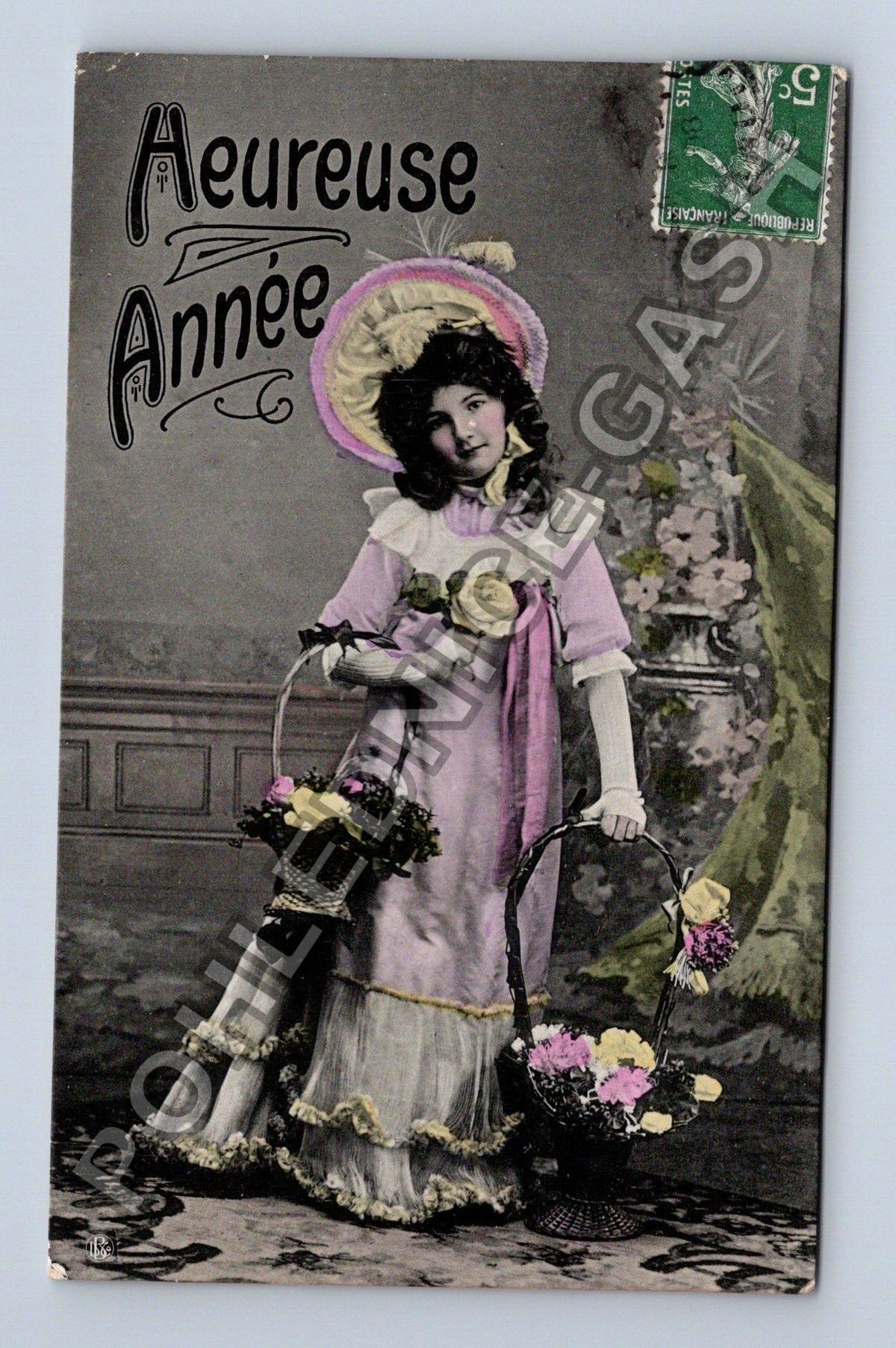 Pohlednice Francie Heureuse Année dívka s košíky květin (M42587)