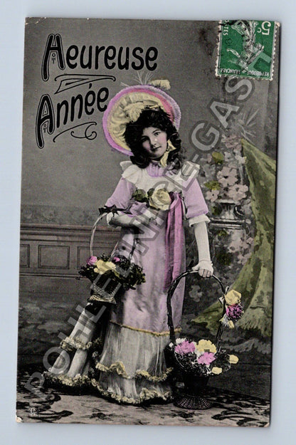 Pohlednice Francie Heureuse Année dívka s košíky květin (M42587)