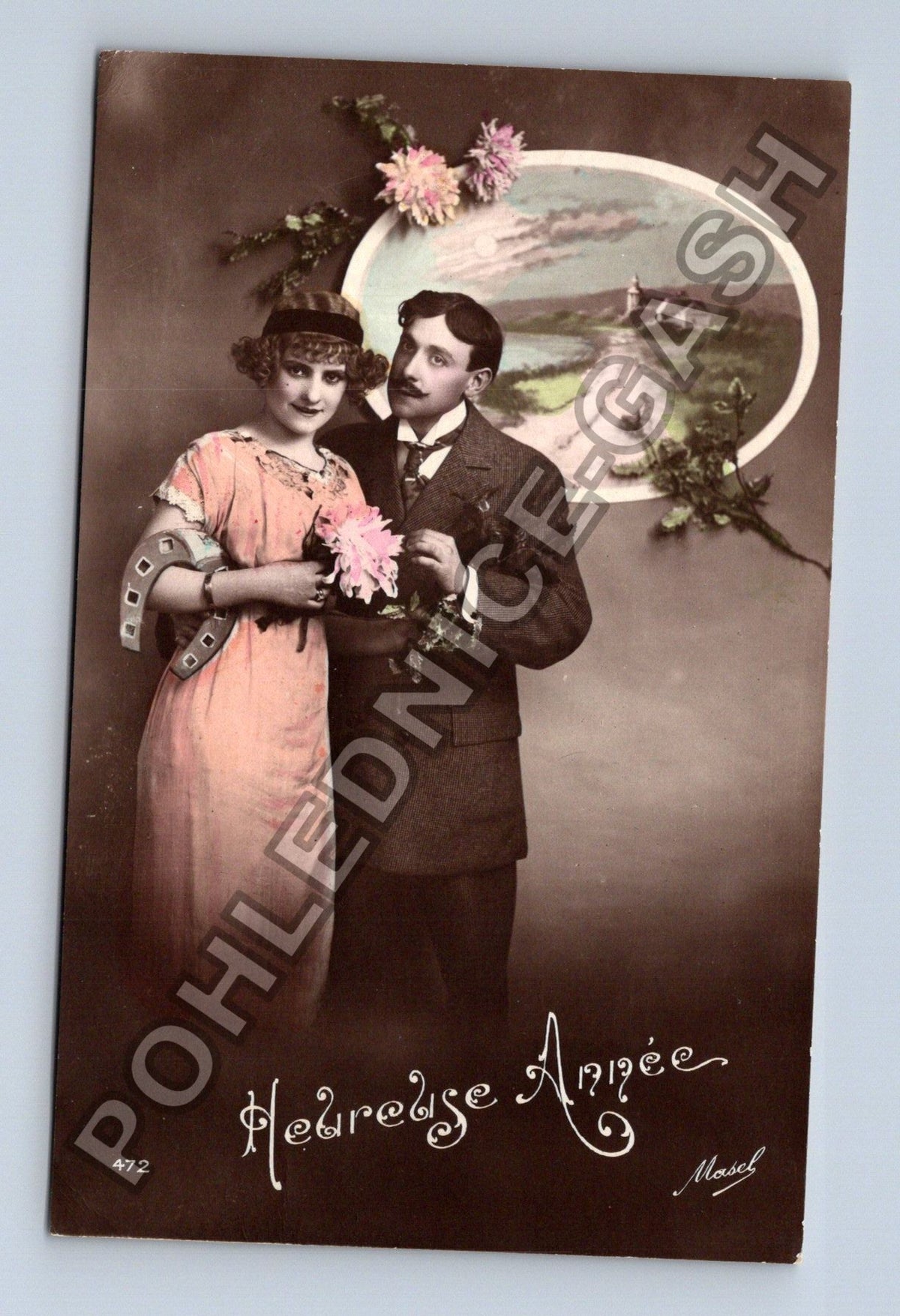 Pohlednice Francie pár s květinami a krajinou 1912 (M42629)