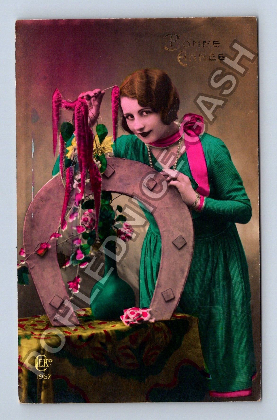 Pohlednice Francie žena podkova novoroční přání 1931 (M42633)