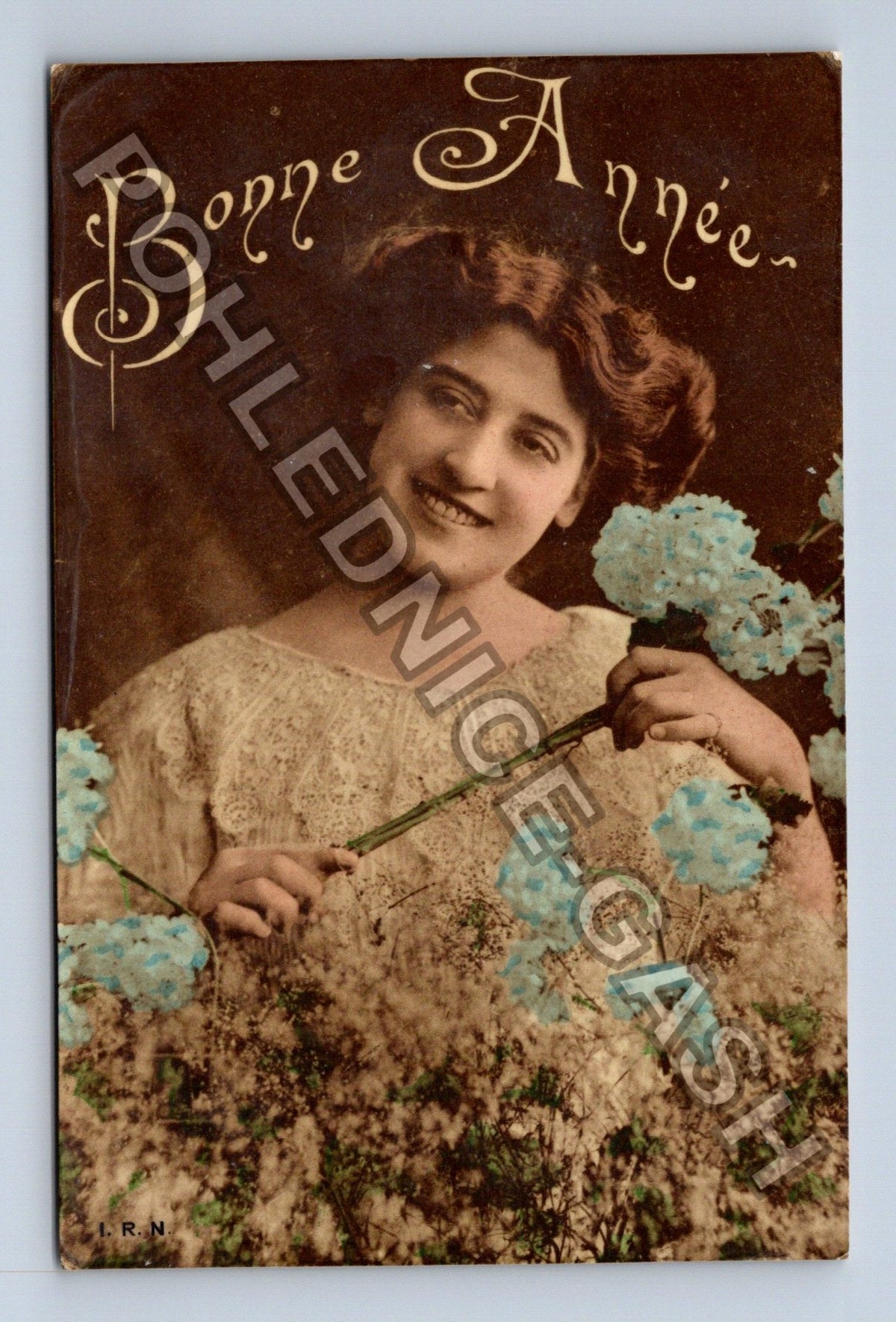Pohlednice Francie Novoroční přání žena s květinami (M42645)