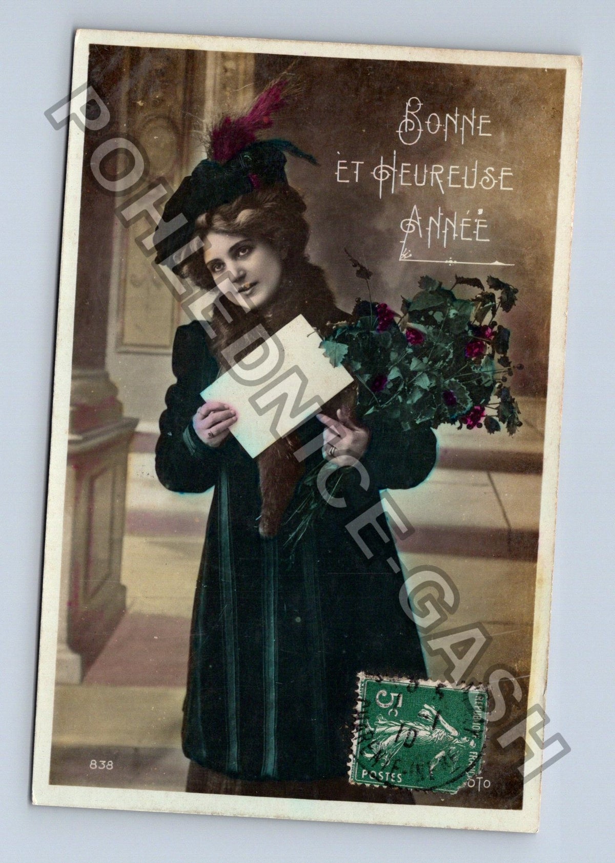 Pohlednice Francie žena s květinami Bonne et Heureuse Année (M42647)