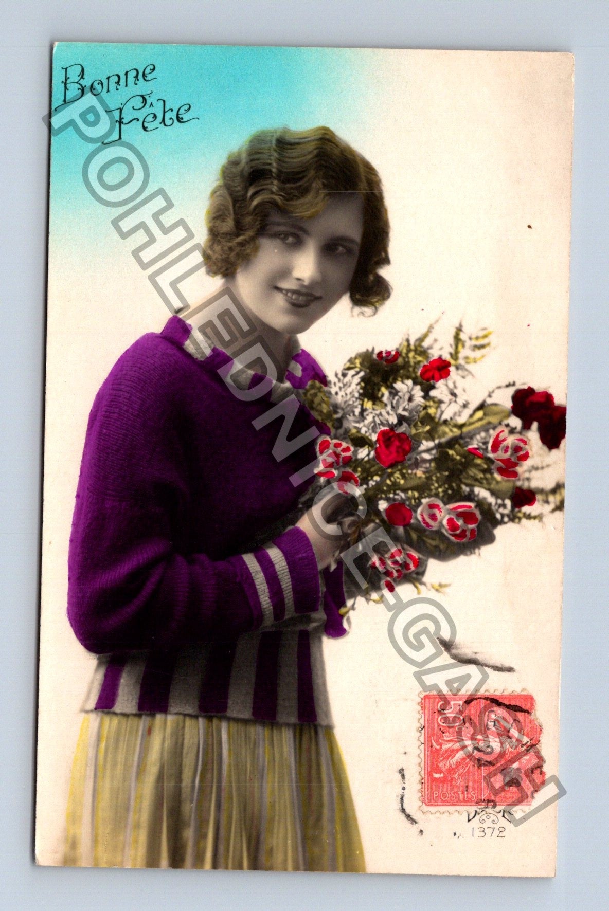 Pohlednice Francie žena kytice růží 1929 (M42654)
