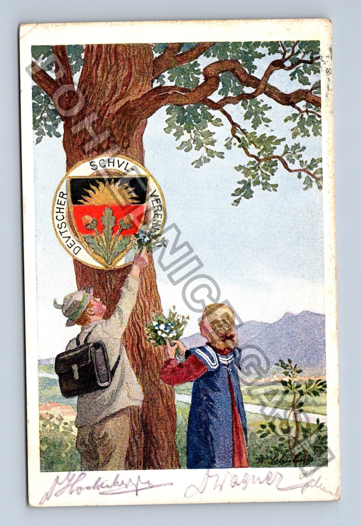 Pohlednice Rakousko vlastenecká dívka chlapec dub (M42710)
