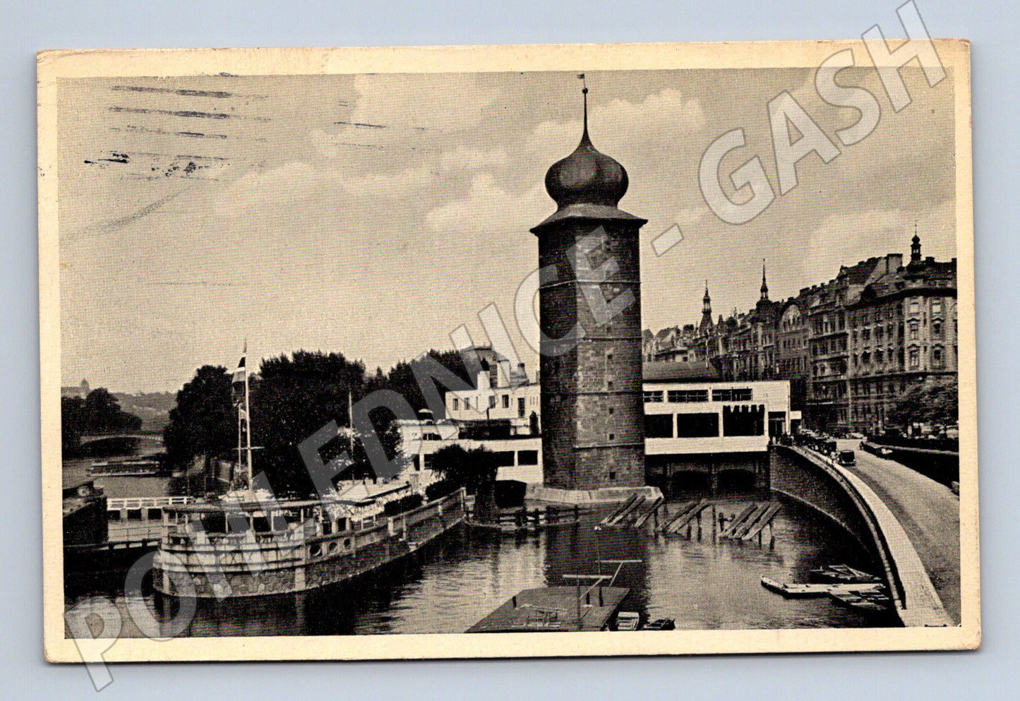 Postcard Prague embankment Šítkovská tower and steamship 1941 (M4274)