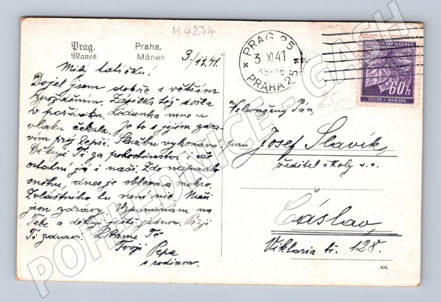 Postcard Prague embankment Šítkovská tower and steamship 1941 (M4274)