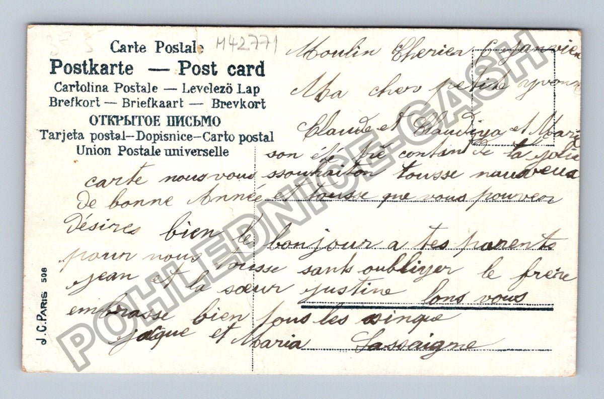 Pohlednice Francie Novoroční přání kytice fialek řeka domek (M42771)
