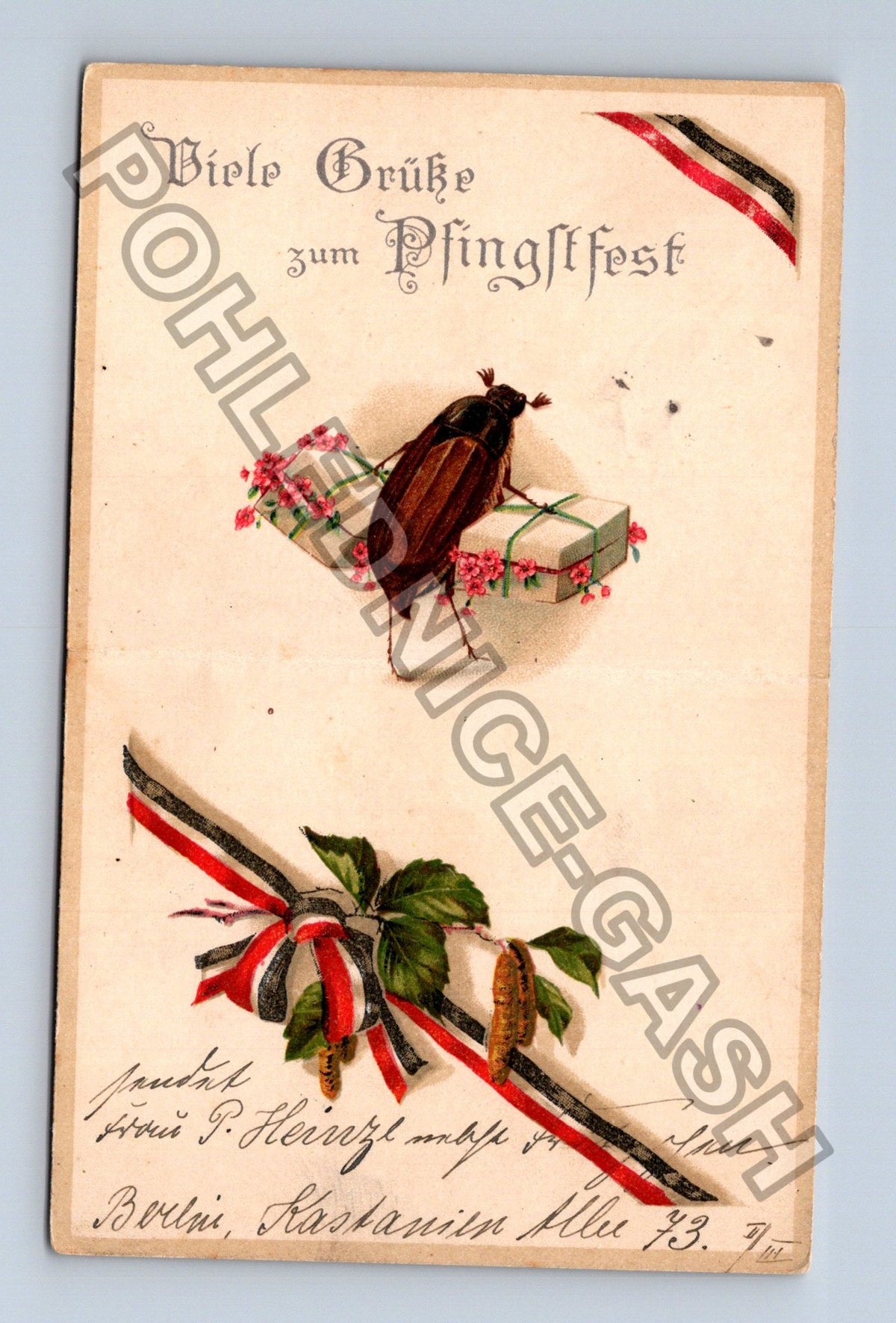 Pohlednice Německo Velikonoce brouk stuha květiny 1915 (M42786)