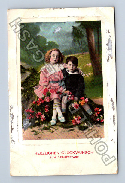 Pohlednice Německo Děti s květinami narozeninové přání 1913 (M42789)