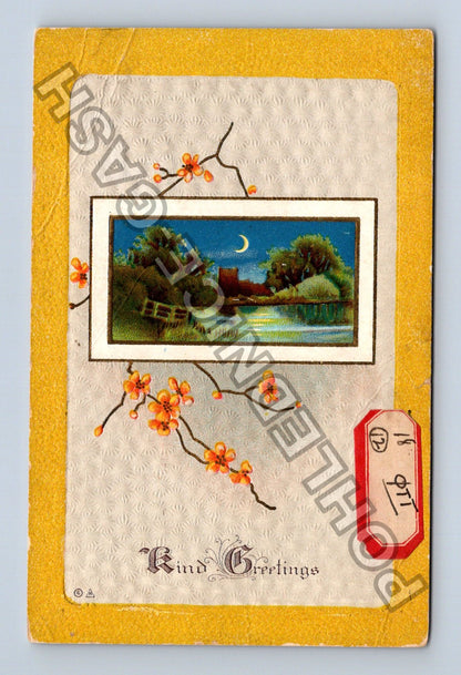 Pohlednice Kind Greetings květiny dům měsíc 1910 (M42792)