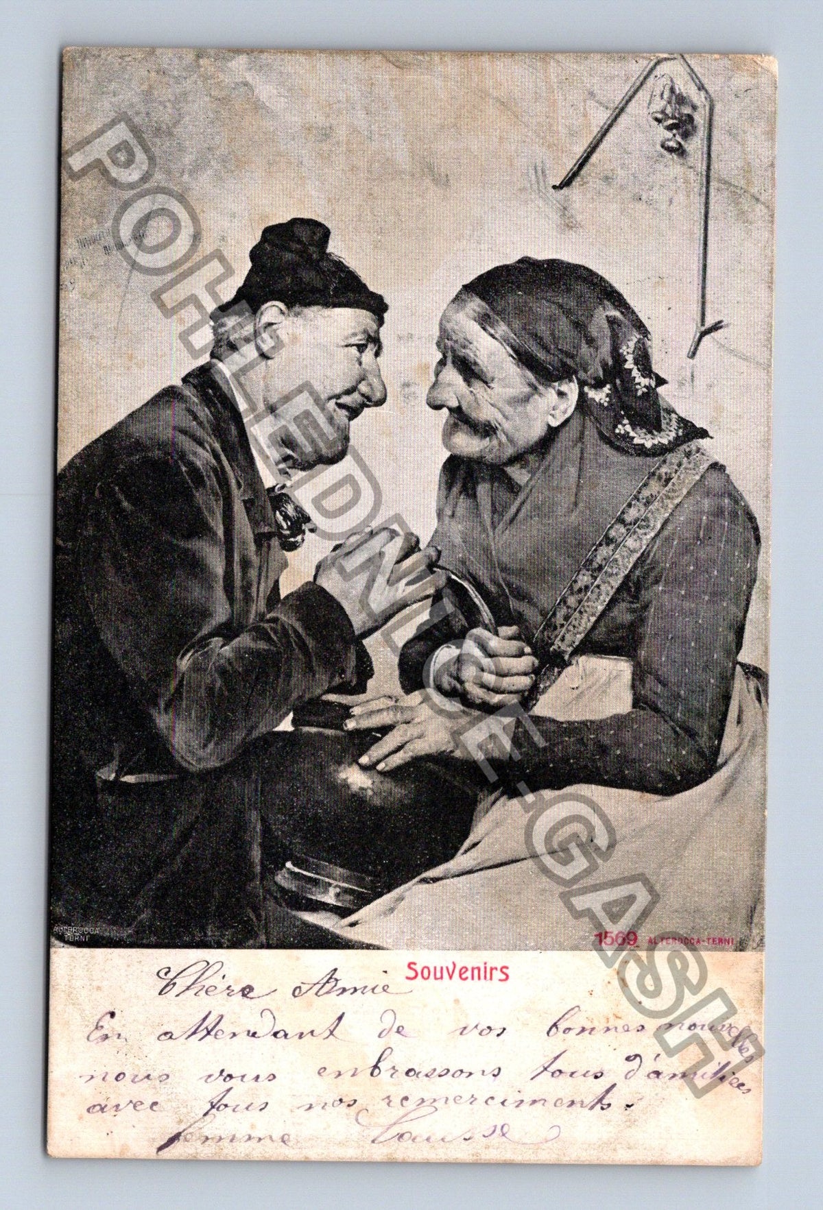 Pohlednice Francie Souvenirs starý pár s vínem 1904 (M42807)
