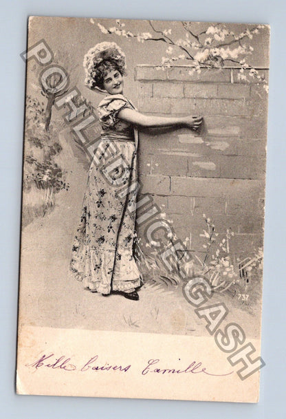 Pohlednice Francie žena v zahradě 1904 (M42817)
