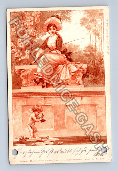 Pohlednice Německo Žena s Amor v sepii 1908 (M42824)