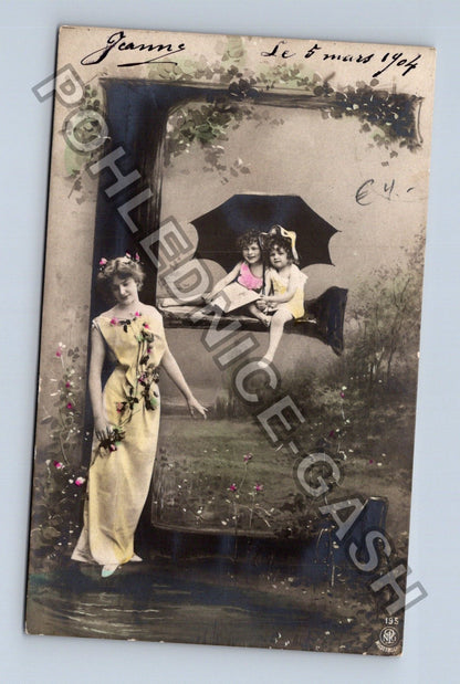 Pohlednice Francie žena s deštníkem a dětmi 1907 (M42831)