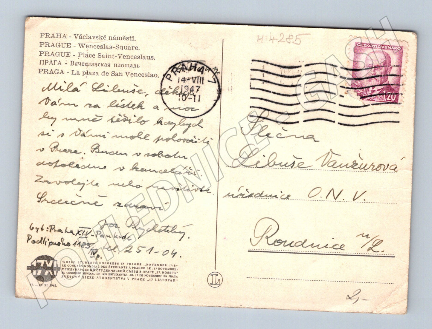 Pohlednice Praha Václavské náměstí 1947 historická (M4285)