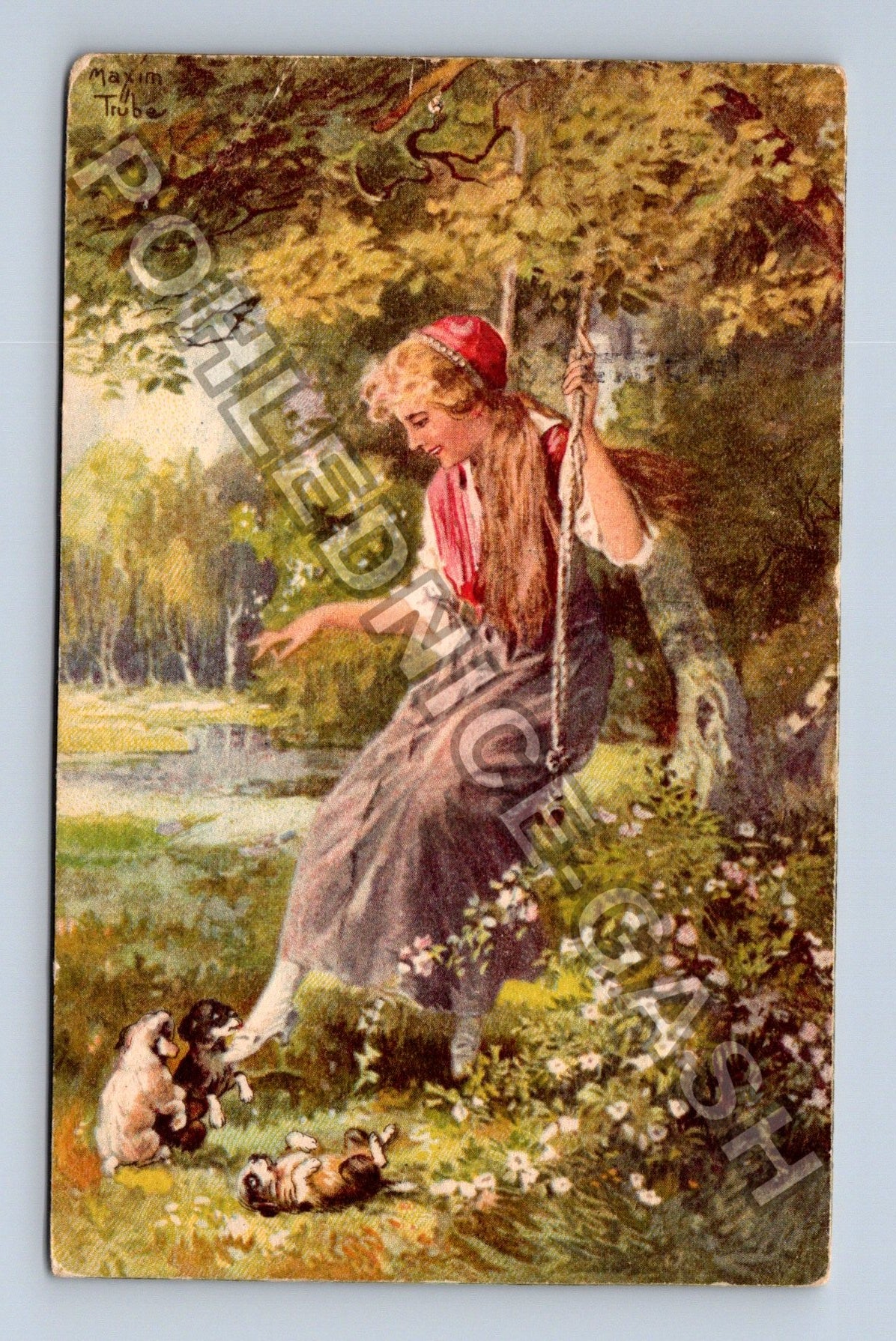 Pohlednice Belgie Dívka na houpačce se psy (M42883)