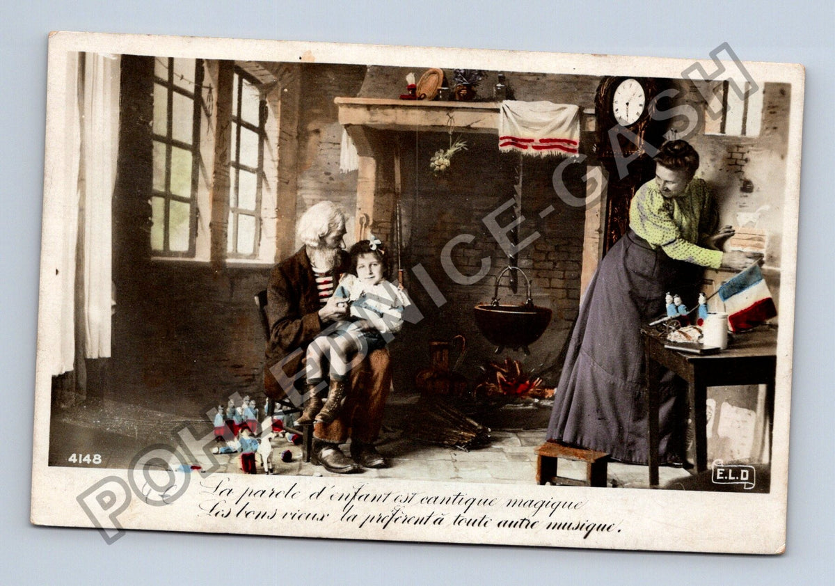 Pohlednice Francie interiér scéna s figurkami 1907 (M42917)