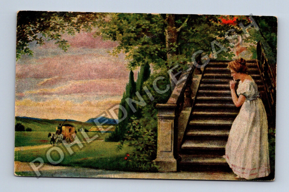 Pohlednice Německo romantický motiv kočár schody 1910 (M42929)