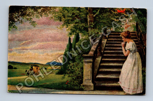 Pohlednice Německo romantický motiv kočár schody 1910 (M42929)