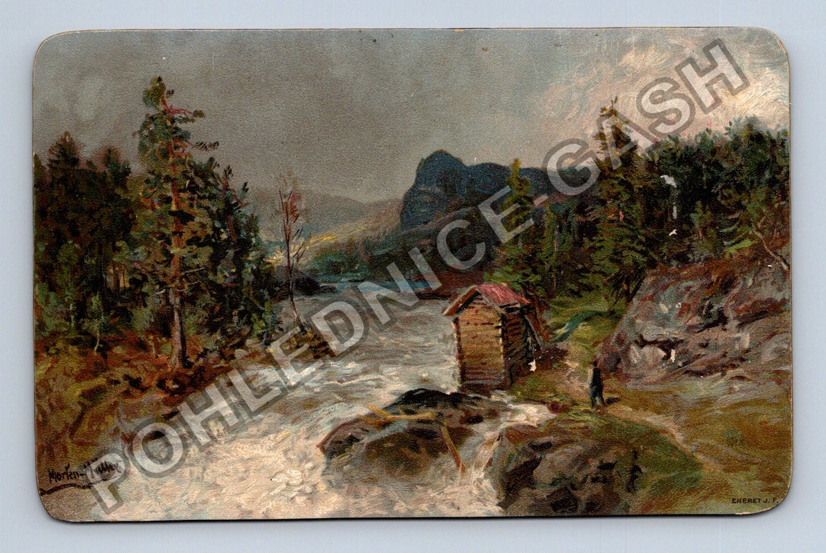 Pohlednice Skandinávie horská krajina s řekou a chatou (M42962)