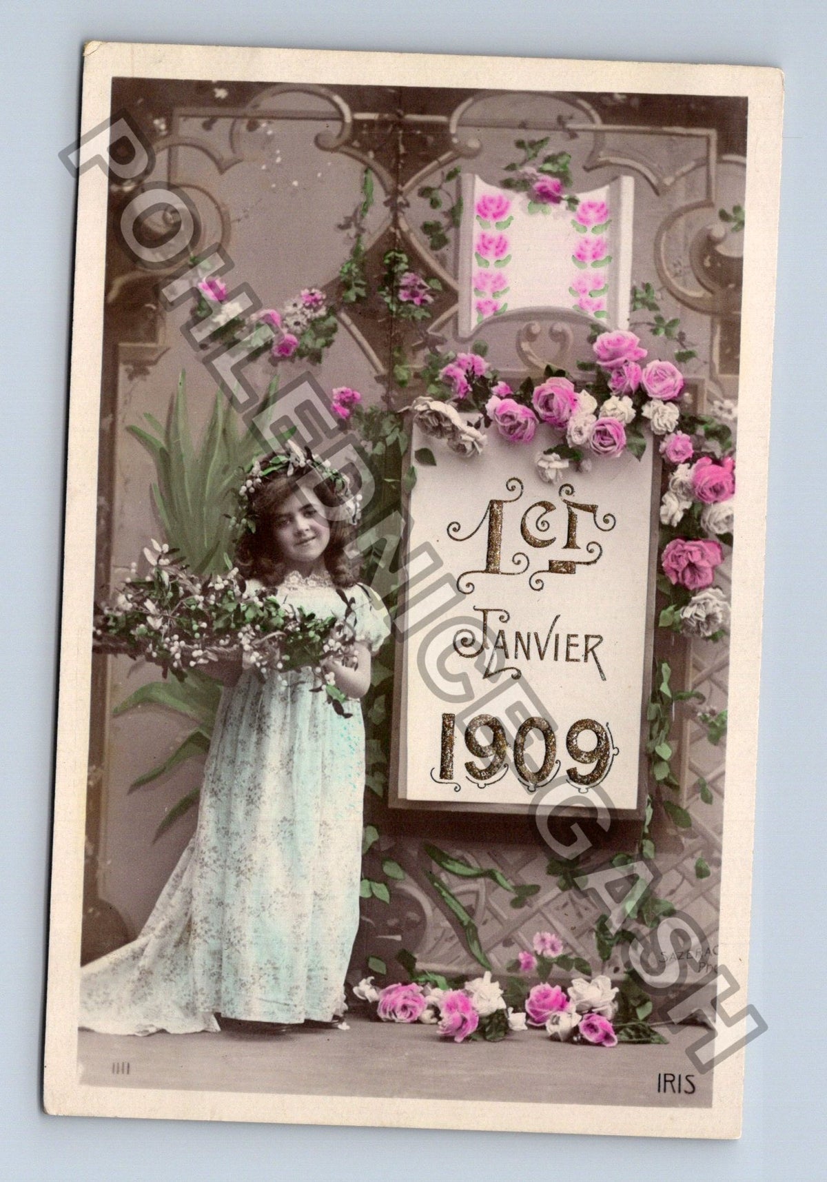 Pohlednice Francie Novoroční přání dívka růže 1909 (M42983)