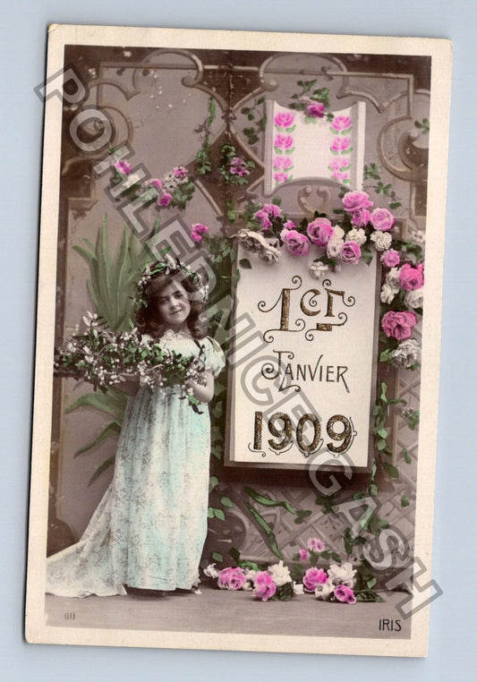 Pohlednice Francie Novoroční přání dívka růže 1909 (M42983)