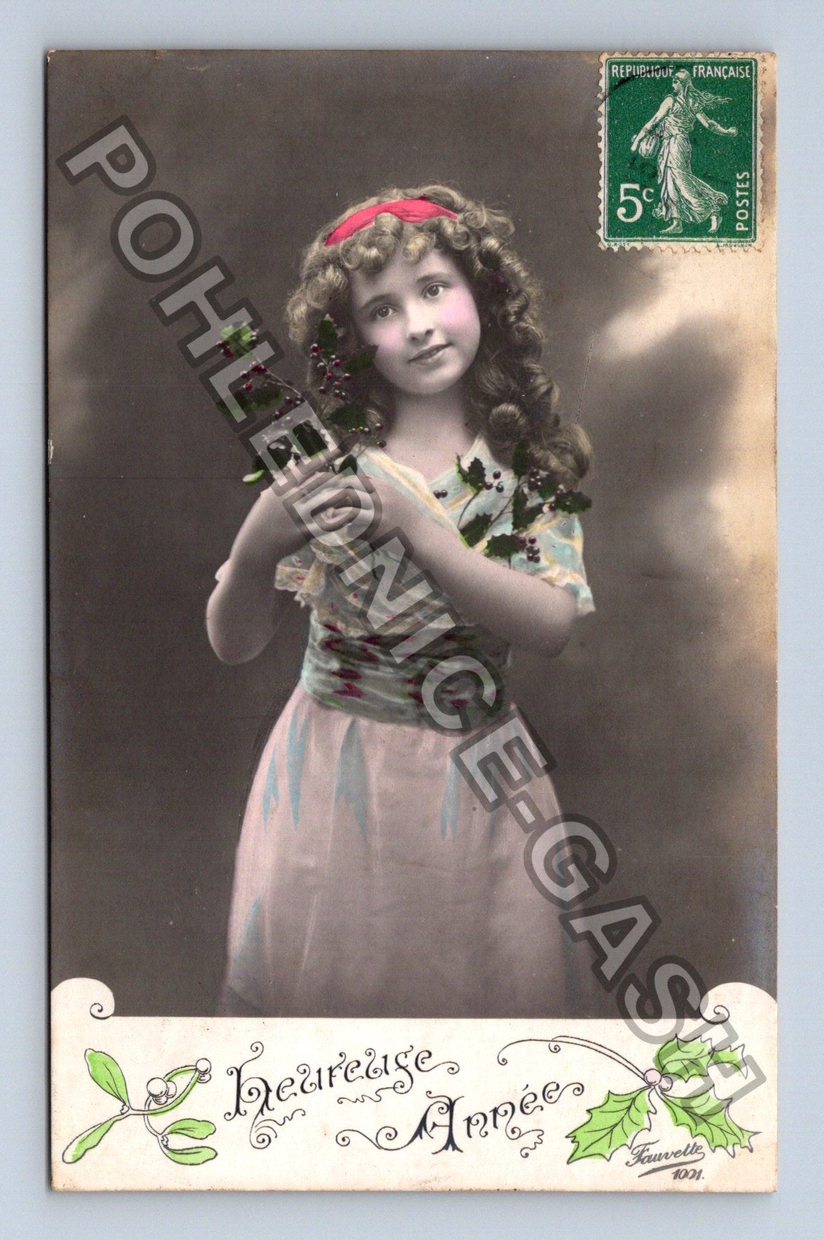 Pohlednice Francie Novoroční přání dívka s cesmínou 1911 (M42997)