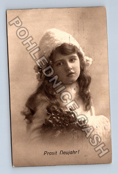 Pohlednice Německo Prosit Neujahr! žena s věncem 1914 (M43006)