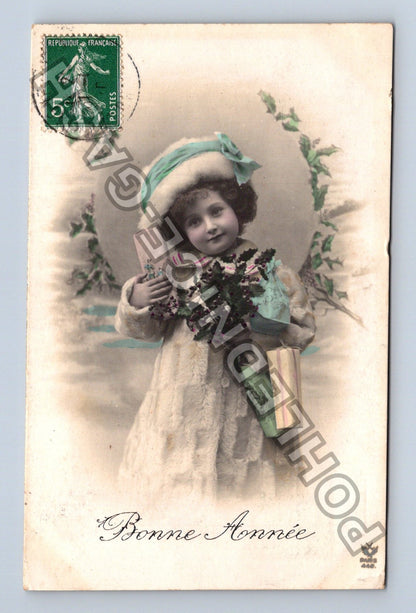 Pohlednice Francie Novoroční přání dívka s kyticí 1911 (M43007)