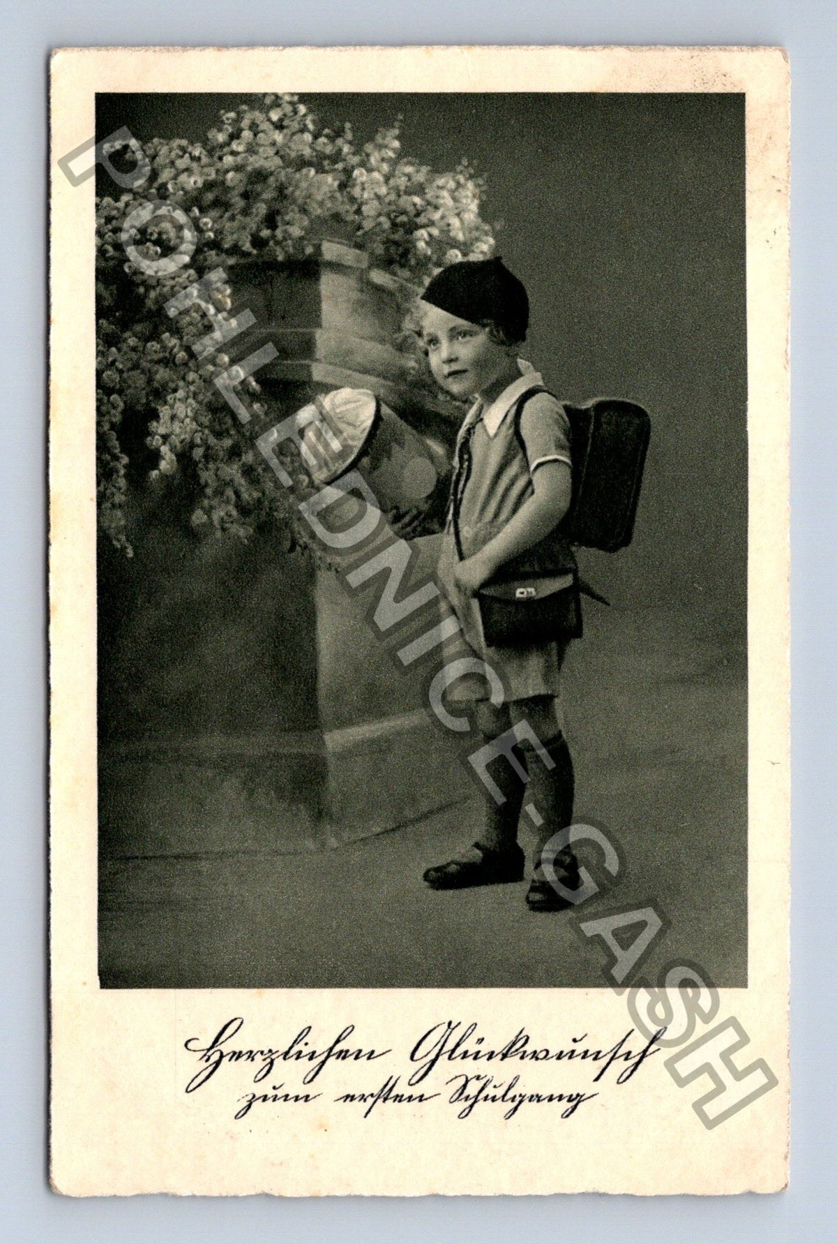 Pohlednice Německo chlapec s batohem a květinami 1938 (M43056)