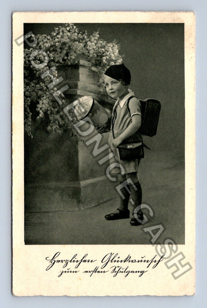 Pohlednice Německo chlapec s batohem a květinami 1938 (M43056)