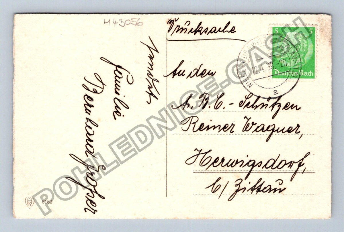 Pohlednice Německo chlapec s batohem a květinami 1938 (M43056)