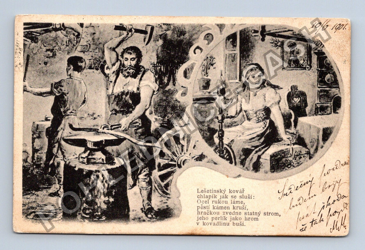 Pohlednice Lešetínský kovář báseň 1901 (M43107)