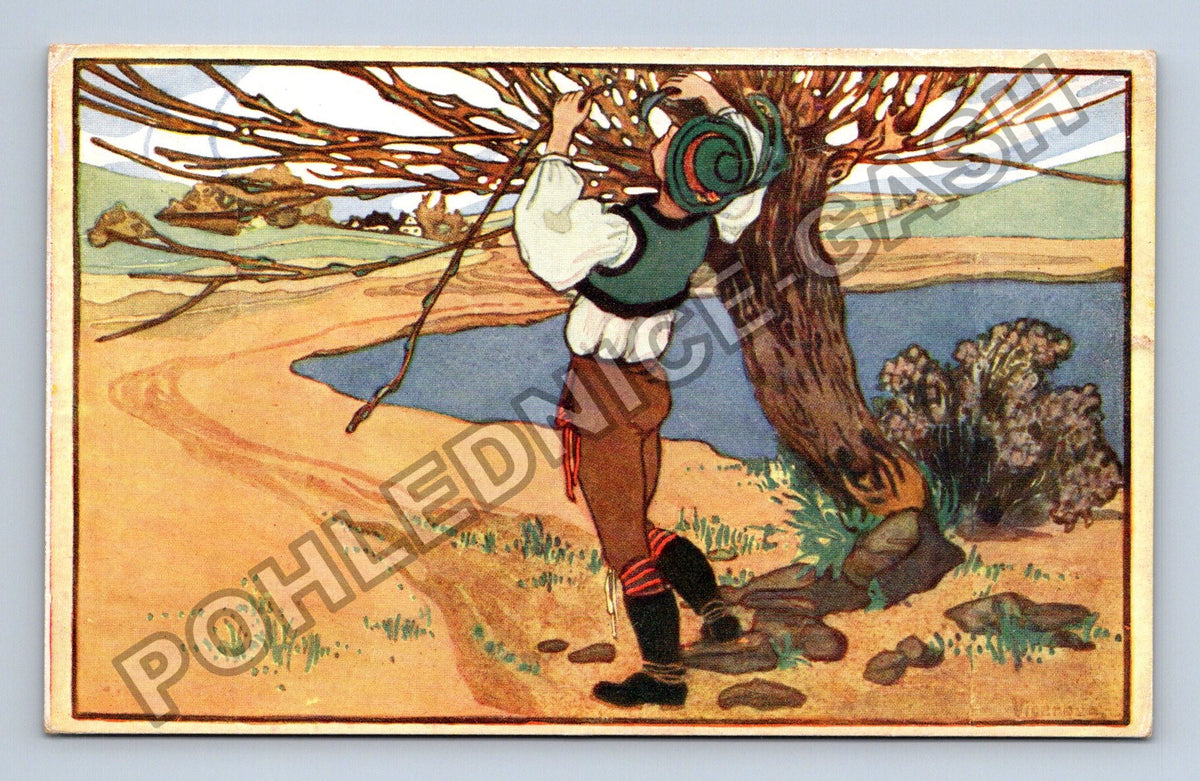 Pohlednice Muž s holí u stromu a vody ilustrace (M43111)